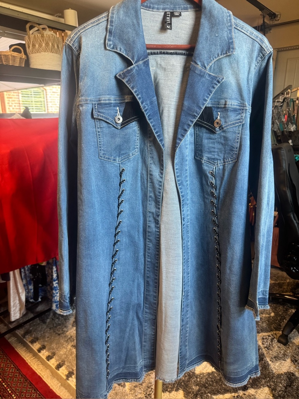 Blue Denim Longline Jacket with Lace-Up Side Detail